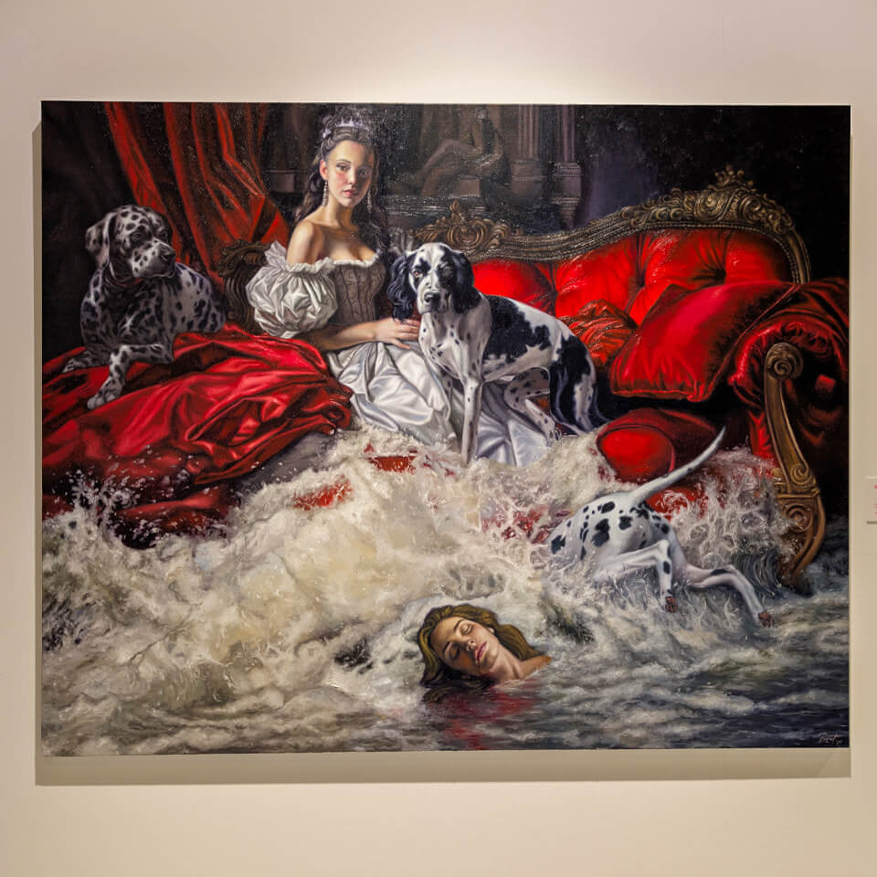 A surreal painting of a wealthy woman sitting comfortably with two dalmatian dogs while another woman drowns underneath her