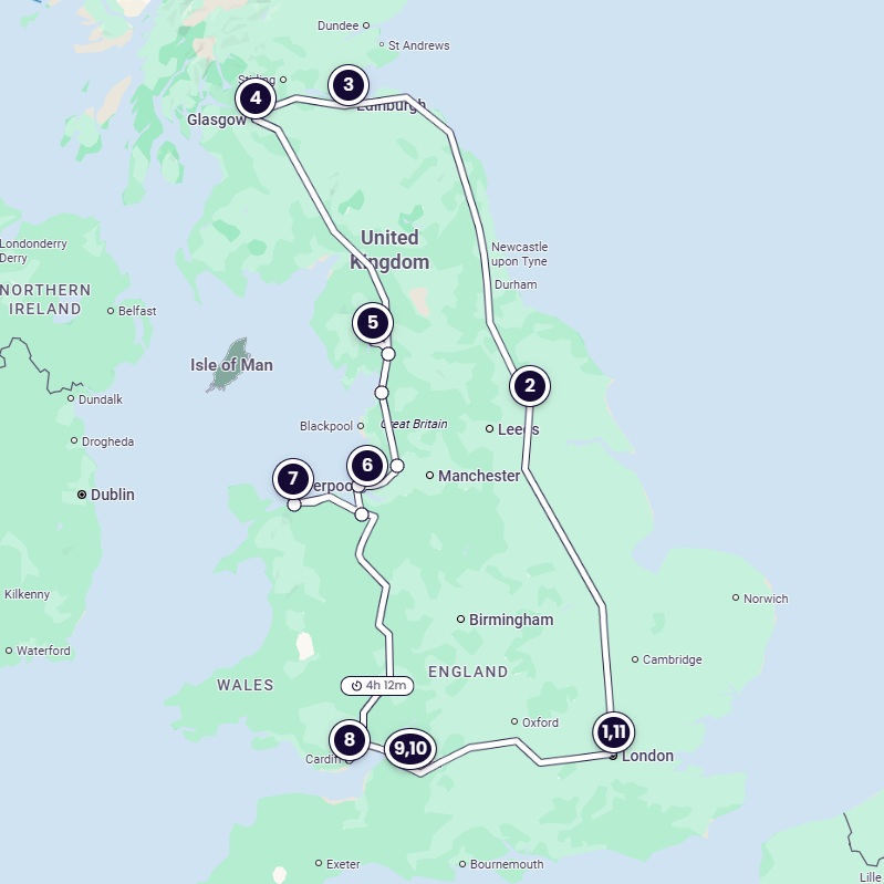 A map of the itinerary, going from London in the southeast of England to northern England and Scotland, then south to north Wales, south Wales and southwest England and back to London.