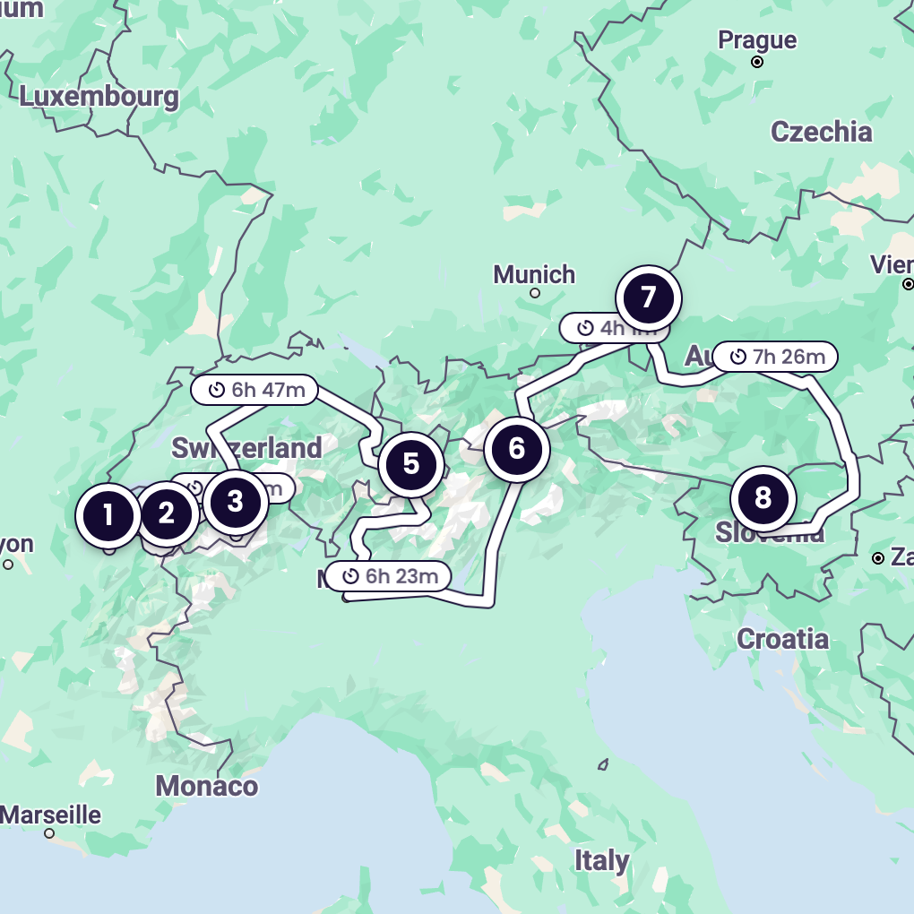 A map showing the stops included on this train journey (Annecy, Chamonix, Zermatt, St. Moritz, Tirano, Bolzano, Salzburg, Ljubljana)